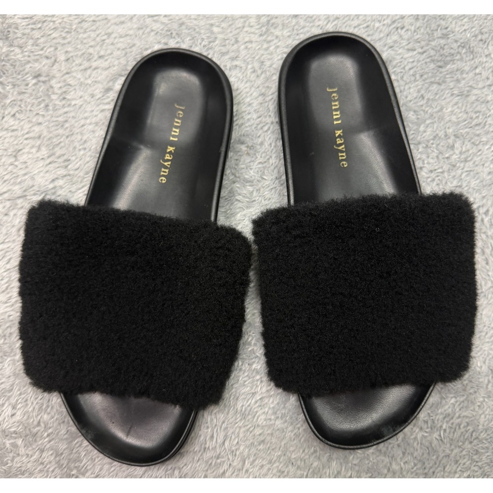 Jenni Kayne Shearling Slides Womens 40 US 10 Black Sheep Wool Leather Sandals